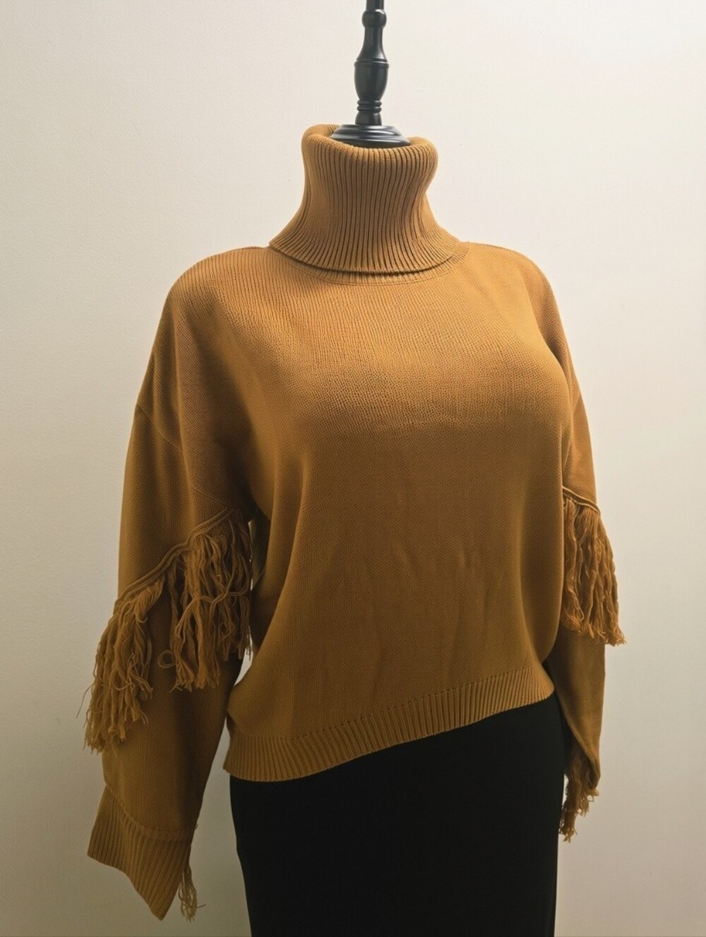 Fringe Sleeve Turtleneck High-Low Sweater in Mustard